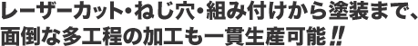 レーザーカット・ねじ穴・組み付けから塗装まで、面倒な多工程の加工も一貫生産可能！